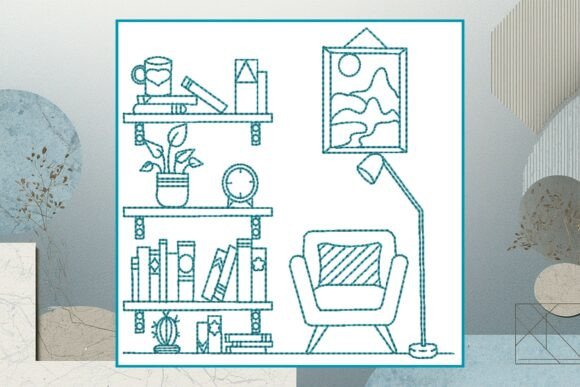 Bookshelf 3 Line Art: A Cozy Embroidery Design