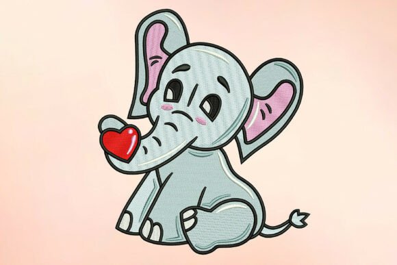 Shy Elephant with Heart: A Charming Embroidery